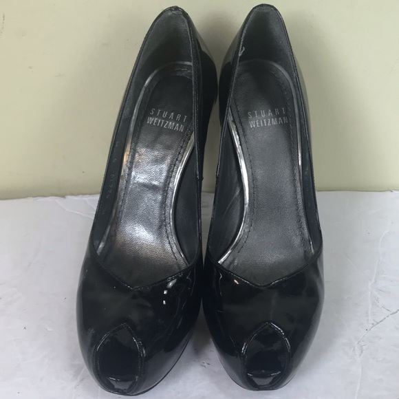 Stuart Weitzman Victoria Peep Toe Patent Leather Shoes Pumps Heels Stilettos Blk - Picture 5 of 16